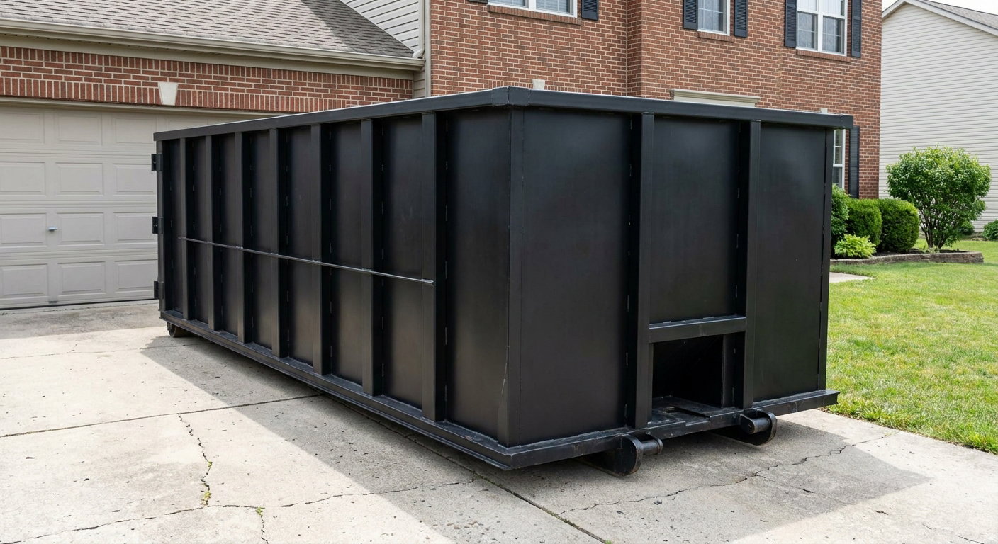 Matte-black 20-yard roll-off container on a Mission residential concrete driveway with reinforced ribbed steel sidewalls and a hinged rear walk-in door, clean bright daylight.