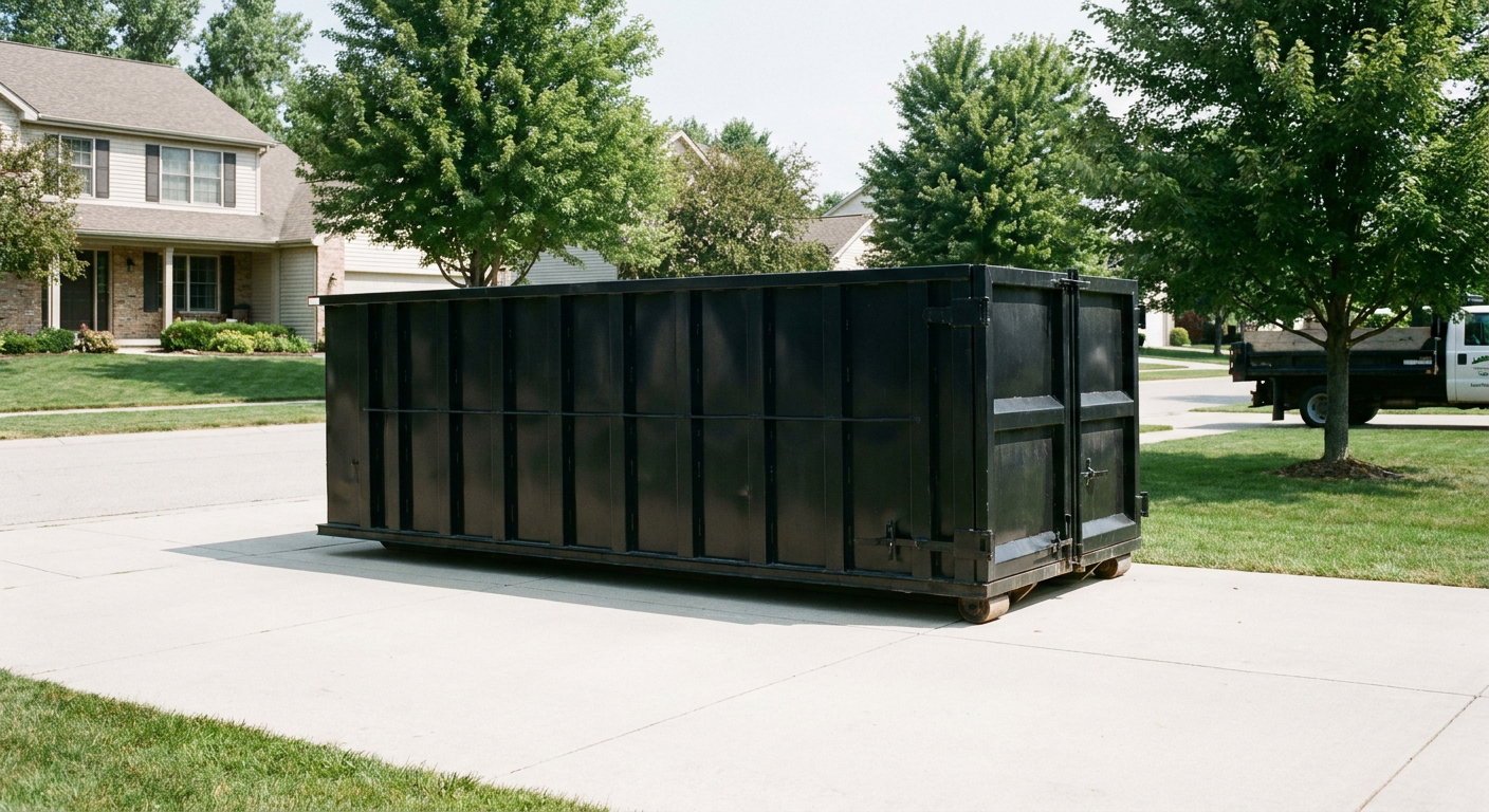 Matte-black 20-yard roll-off dumpster sitting level on a clean Mission residential concrete driveway under bright daylight, demonstrating clean placement directly on the concrete.