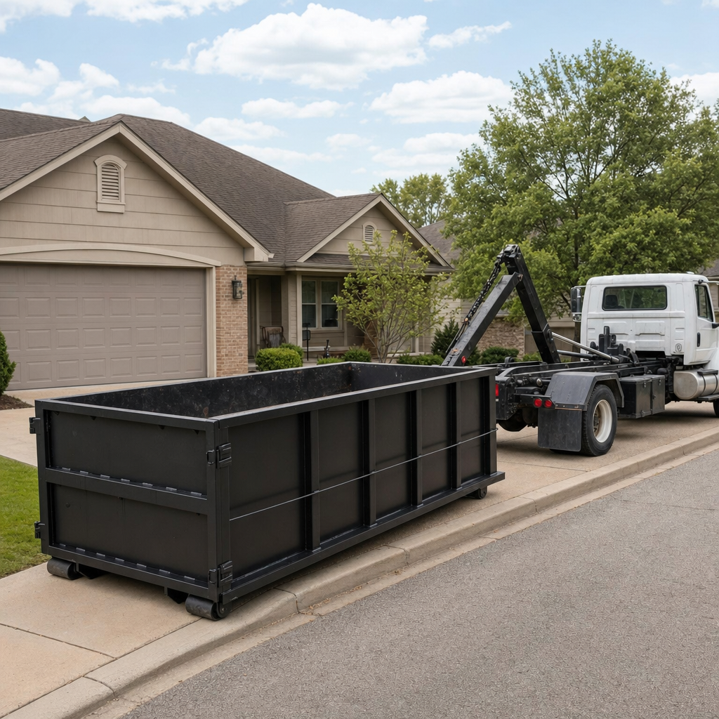 Wide documentary shot of a matte-black roll-off dumpster on a Mission residential driveway in the foreground and a contractor jobsite container in the soft-focus background, bright daylight, calm and orderly composition.